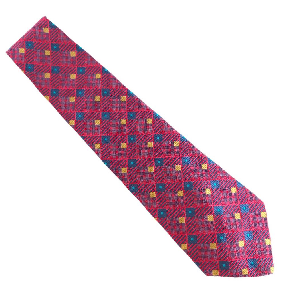 Bass Men Tie 100% Silk Diamond Geometric Red Blue Size 58x4 - NWOT